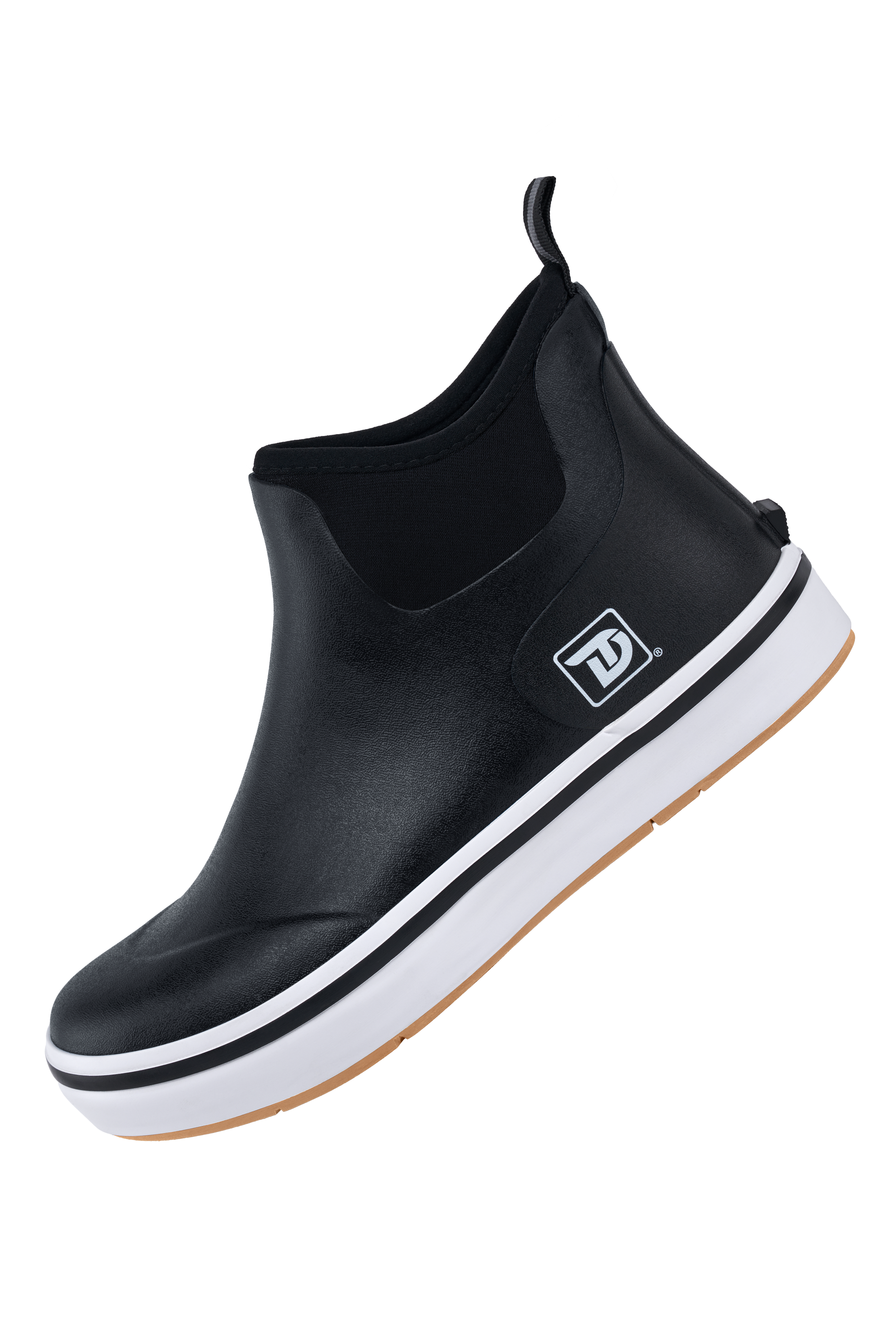 Side view of Trudave Ocean Breeze Series men’s ankle waterproof rubber deck boots – black design showing slip-resistant sole, durable waterproof construction, and lightweight comfort for fishing and boating
